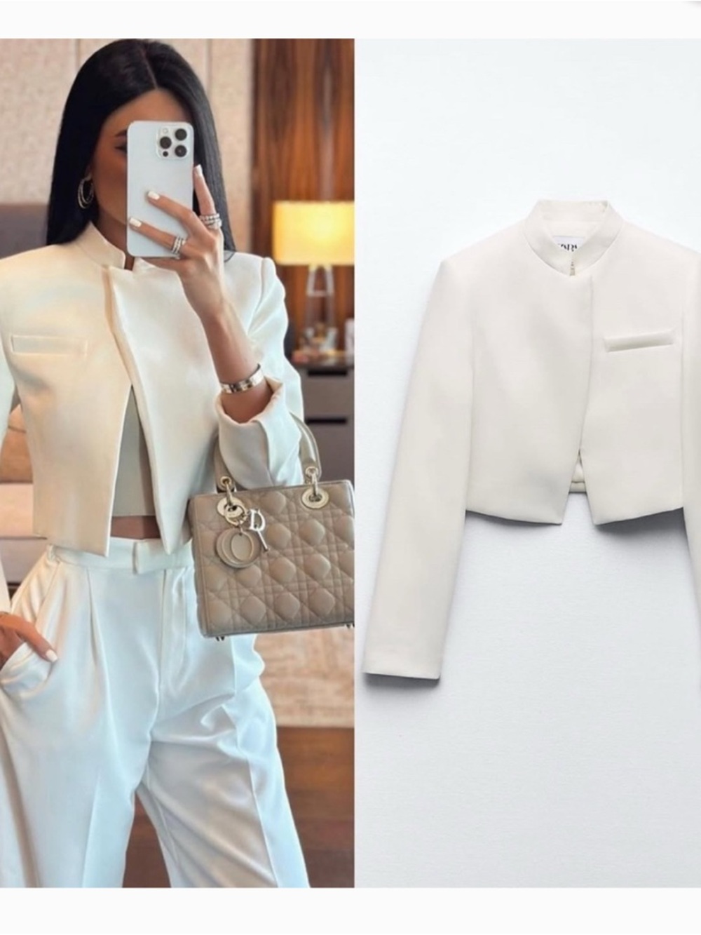 Zara Women's Cream Cropped Collarless Jacket - Elegant Minimalist
